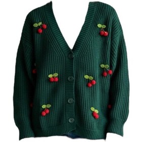 Resim Triko Kiraz Detaylı Cotton Angora Yünlü Uzun Kollu Kazak Yeşil 