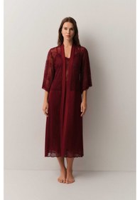 Resim Suwen Antique Dantelli Uzun Sabahlık St4448615l102 Bordo 
