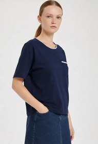 Resim Lacivert Bordür Detaylı Kısa Kollu Kadın Tişört - LACİVERT / 42 