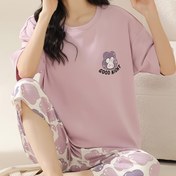 Resim Kadınlar için Sevimli Karikatür Tavşan Baskılı Pijama Takımı, Yuvarlak Yaka Kısa Kollu Üst ve Capri Pantolon, Polyester Kauçuk Karışımı, Makinede Yıkanabilir, Bahar/Yaz Stili 