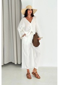 Resim Asprin Fashion Tünel Dikişli Truvakar Kol Bluz Beli Lastikli Planlı Müslin Pantolon Beyaz 