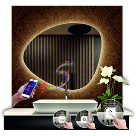 Resim DNR Mirror 70 Cm Çapında Bluetoothlu Buğu Çözücülü Dokunmatik Ledli Asimetrik Banyo Aynası Dekoratif Led Işıklı 