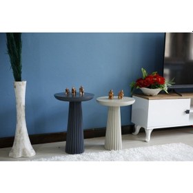 Resim 2'li Antrasit Renk Mantar Sehpa Çizgili Konik Renkli Yan Sehpa Antrasit Krem 