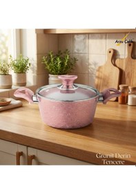 Resim 20 Cm Granit Derin Tencere Cam Kapak - Pembe Pembe 