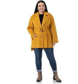Resim Disentis Kadın Büyük Beden Mono Yaka Arkası Uzun Kemerli Kaban Hardal 