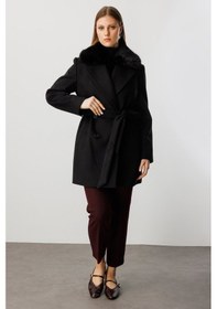 Resim Ekol Kadın Büyük Beden Yakası Kürklü Kaban 6333 Siyah Siyah 