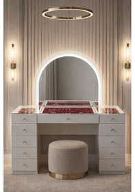 Resim Aynalı Makyaj Masası, Lavin Cam Üst Bölmeli Takı Düzenleyicili Şifonyer Beyaz 