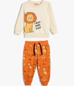 Resim Erkek Bebek Pijama Takımı Aslan Baskılı Uzun Kollu Bisiklet Yaka Pamuklu 