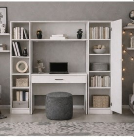 Resim Bilgisayar Masası, Hekta Kitaplıklı, Kapaklı Kitaplıklı Çalışma Masası - Beyaz Çok Renkli 