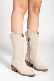 Resim mysticaluxe Shoes Kadın Bej Suni Süet Nakışlı Western Kovboy Cowgirl Bot Çizme M0010 