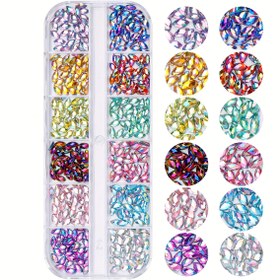 Resim Kutu İçinde 600 Adet 12 Renk Parlak Tırnak Taşları At Gözü Taşlar Düz Arka Tırnak Süslemeleri Malzemeler 3x6mm/4x8mm 