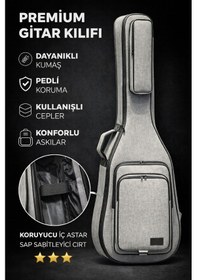 Resim Keten Gri Klasik Gitar Çantası Su Geçirmez Pedli Sap Sabitleyici Cırtlı Gigbag 