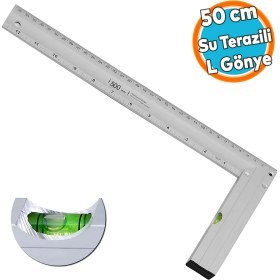 Resim Su Terazili Alüminyum L Gönye Cetvel Ölçme Ölçüm Kaynak Kaynakçı Marangoz Gönyesi 500 mm 50 cm 