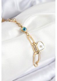 Resim Tua Moda 316l Çelik Nazar Boncuğu Ve Zirkon Taşlı Kalp Model Gold Renk Kadın Bileklik Altın 