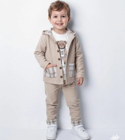 Resim Bontino Erkek Çocuk %100 Pamuk Kadife Hırka, Pantolon ve Ayıcık Baskılı Uzun Kollu Sweatli 3'lü Premium Seri 