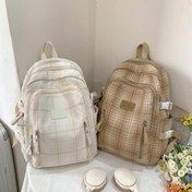 Resim Moda Ekose Naylon Sırt Çantası - Hafif, Geniş ve Şık Lise, Üniversite veya Günlük Seyahat için (Beyaz/Kahverengi & Bej Tasarımlar), Ayarlanabilir Sırt Çantası | Ekose Desenli Çanta | Naylon Kumaş Çanta, Okul İçin Sırt Çantası 