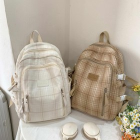 Resim Moda Ekose Naylon Sırt Çantası - Hafif, Geniş ve Şık Lise, Üniversite veya Günlük Seyahat için (Beyaz/Kahverengi & Bej Tasarımlar), Ayarlanabilir Sırt Çantası | Ekose Desenli Çanta | Naylon Kumaş Çanta, Okul İçin Sırt Çantası 