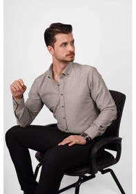 Resim Açık Kahve Yaka Düğmeli Premium Şamre Slimfit Erkek Gömlek Açık Kahverengi 