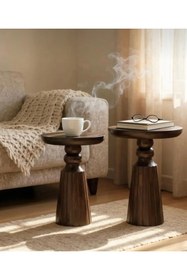 Resim AYLESA Doğal Ahşap 2’li Set Mantar Yan Sehpa Modern Ceviz Renk Fiskos Zigon Çiçeklik 