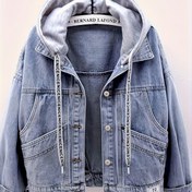 Resim Kadınlar için Yıkama Denim Kapüşonlu Ceket - Oversize Yaka & Kemerli Bel Düğmeli Ön, Sağlam Buton-Aksanlı Kol, İlkbahar/Sonbahar Şık Çizme veya Elbise ile Uyumlu (Esnek Olmayan) Çok Amaçlı Şalvar 