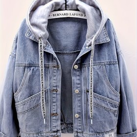 Resim Kadınlar için Yıkama Denim Kapüşonlu Ceket - Oversize Yaka & Kemerli Bel Düğmeli Ön, Sağlam Buton-Aksanlı Kol, İlkbahar/Sonbahar Şık Çizme veya Elbise ile Uyumlu (Esnek Olmayan) Çok Amaçlı Şalvar 