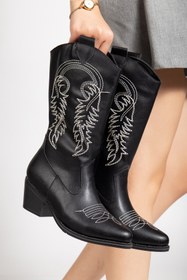 Resim mysticaluxe Shoes Kadın Siyah Suni Deri Bej Nakışlı Western Kovboy Cowgirl Bot Çizme M0010 