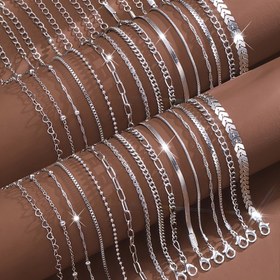 Resim 30 adet Set/15 adet Set/6 adet Set Kadınların Zarif Aşk Yuvarlak Boncuk Kadınların Yığınlanabilir Gümüş Gri Bilezik Seti Günlük Giyim Tatil Hediyesi Moda Takı Aileye Verin Arkadaşlara Verin Mezuniyet Sezonu Tatil ile Birlikte Eşleştirin Yumuşak Zincir Kilidi Yılan Kemeri Kutu Zinciri Gümüş Gri 