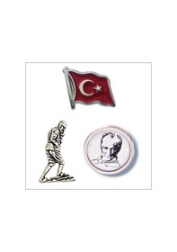 Resim Türk Bayrağı & Atatürk Kocatepe & Atatürk Damla Mine Yaka Rozeti Gümüş 