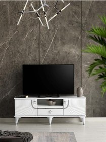 Resim 110 CM ART MDF MEBRAN KAPAK TV SEHPASI BEYAZ - GÜMÜŞ 
