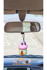 Resim himi bijuteri aksesuar Pembe Renk Mantar Ev Dikiz Aynası Süsü Ayna Süsü Araç İçi Araba Süsü Torpido Süsü Oto Aksesuar 