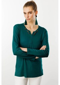 Resim Desen Triko Kadın Sıfır Yaka El Nakışı İşlemeli Bluz 25705 Yeşil Yeşil 