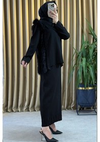Resim Misswhence Miss268 Kürklü Triko Tunik Siyah Çok Renkli 