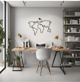 Resim Metal Duvar Dekorasyonu Dünya Haritası Uçaklı World Map With Plane Metal Duvar Tablosu Harita 