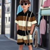Resim Erkek Çocuklar için Hafif Rahat Kısa Kollu Gömlek ve Şort Takımı - Nefes Alabilen Polyester, Kahverengi/Beyaz/Siyah Çizgili Altın Detaylı, Bahar/Yaz Açık Hava Oyunları ve Okul Toplantıları için Mükemmel, Erkek Kısa Kollu Gömlekler, Yaz Giyim, Şık Gençlerin Kıyafeti, Dayanıklı Çocuk Giyimleri, Açık Hava İçin 