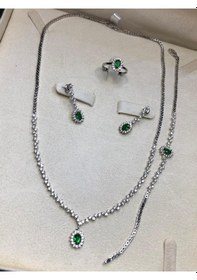 Resim Kadın Gümüş Set - Almila Amore Zümrüt Taşlı Su Yolu Set • Işıklı Kutuda • Düğün • Nişan • Gelin Seti 