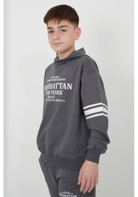 Resim Haykids Erkek Çocuk İki İplik Kumaş Kapüşonlu Baskılı Eşofman Takımı Füme 