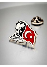 Resim Yörük Tasarım Atatürk&bayrak Yaka Rozeti Krom Kaplama Gümüş 