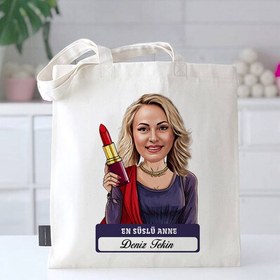 Resim En Süslü Anne Karikatürlü Bez Çanta 