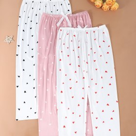 Resim 3 adet Kadın Kalp Baskılı Uzun Pantolon Pijama Seti - Yumuşak Polyester, Rahat Stil ile Bağcıklı Bel, Tüm Mevsim Konforu, Rahat Giyim|Canlı Baskı|Polyester Kumaş 