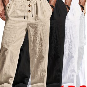 Resim Erkekler için Hafif Gevşek Klasik Pantolon - Düz Bacak Tasarımı ile Bağcıklı Bel, Beyaz Düz Renk, Bahar ve Yaz Tatilleri için Mükemmel, Rahat Gevşek Giyim, Tatil Pantolonları, Esnek Olmayan Kumaş 