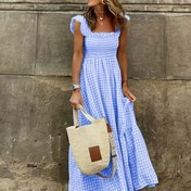 Resim Kadınlar için Şık Mavi & Beyaz Gingham Smock Bel Kare Yaka Elbise - Uyumlu Uzun Kollu Midi Elbise, Makinede Yıkanabilir Her Mevsim Günlükten Resmi Giyime, Uzun Kollu Elbiseler 