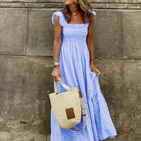 Resim Kadınlar için Şık Mavi & Beyaz Gingham Smock Bel Kare Yaka Elbise - Uyumlu Uzun Kollu Midi Elbise, Makinede Yıkanabilir Her Mevsim Günlükten Resmi Giyime, Uzun Kollu Elbiseler 