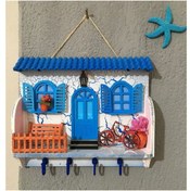Resim incirop Ahşap Anahtar Askısı Alaçatı Ev, Bisikletli Mavi Çatılı Anahtarlık 