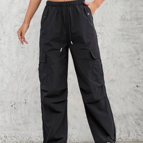 Resim Kadın Yüksek Bel Kargo Pantolonu - Bej, Esnek, Çoklu Cep Tasarımı, Hızlı Kuruyan Kumaş, Elastik Bel, Rahat Bol Kesim, Tüm Mevsim Konforu, Günlük Giyim|Günlük Stil|Esnek Kumaş 