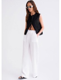Resim Mixray 4286 Kadın Bol Paça Beli Lastikli Müslin Palazzo Pantolon Beyaz 