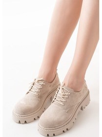 Resim 868-754 Bej Süet Bağcıklı Günlük Yüksek Tabanlı Loafer Ayakkabı Bej - Siyah 