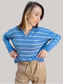 Resim boutique venüs V Polo Yaka Çizgili Triko Kazak Mavi Renkli Standart Beden 