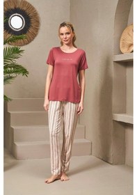 Resim Pjs 25135 Kadın Yuvarlak Yaka İnci Taş Baskılı Çizgili Pijama Takım 001 
