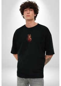 Resim Çikolata Kız Kalbi Siyah Oversize Unisex Ön Orta Minimal Baskılı Tişört Siyah 