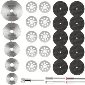 Resim 30 adet Döner Alet için Kesme Tekerlek Seti, HSS Dairesel Testere Bıçakları Kesici, Reçine Kesme Diskleri ve Elmas Kesme Tekerleği içerir, Ahşap, Metal, Plastik, PVC, Cam için mükemmel 